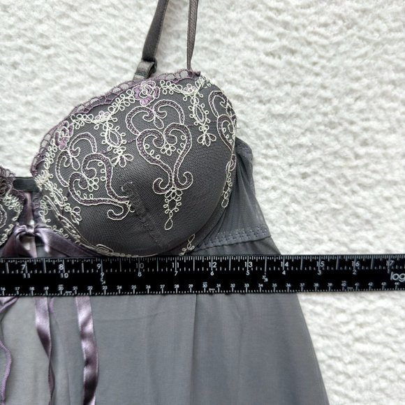 Inner Secrets Cami Camisole Slip Lingerie M Medium Grey Sheer Mesh Padded Bow - Picture 4 of 10